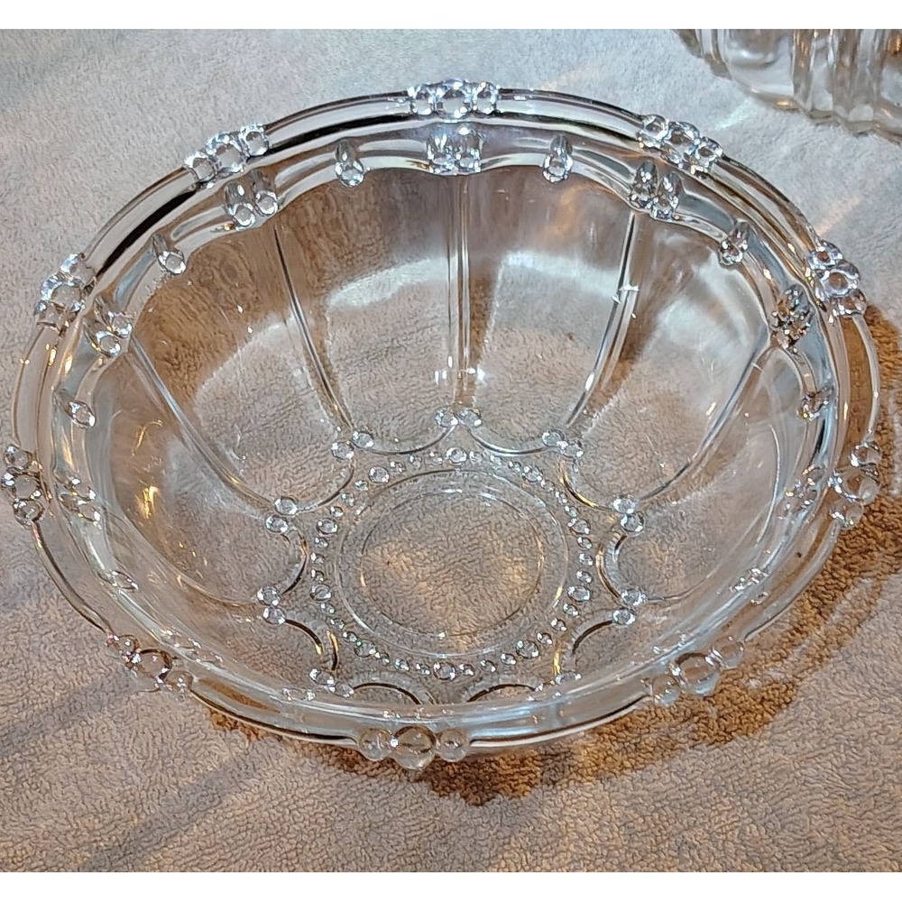 Vintage KIG Indonesia Beaded Clear Glass Elegant Candy Dish Bowl 7" Depression